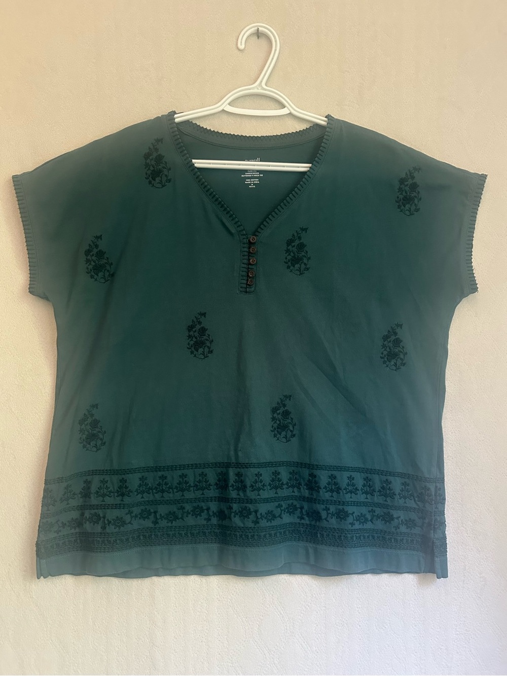 Pure Jill Embroidered Tunic J Jill Green Short-Sleeve V-Neck Sz MP Oversized